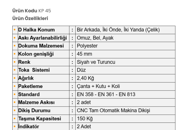 Karam kp45 tam vücut korumalı paraşüt tipi emniyet kemeri